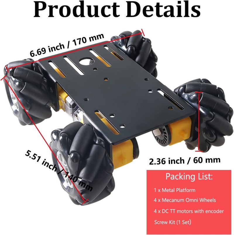 SmaringWing MC100 4WD Mecanum Wheel Car Chassis with TT Motor, Remote Control Smart Car Kit with 60mm Omnidirectional Wheel for Arduino/Raspberry pi/Micobit, Metal Frame Robot Chassis for DIY Learning (Black) - Image 2